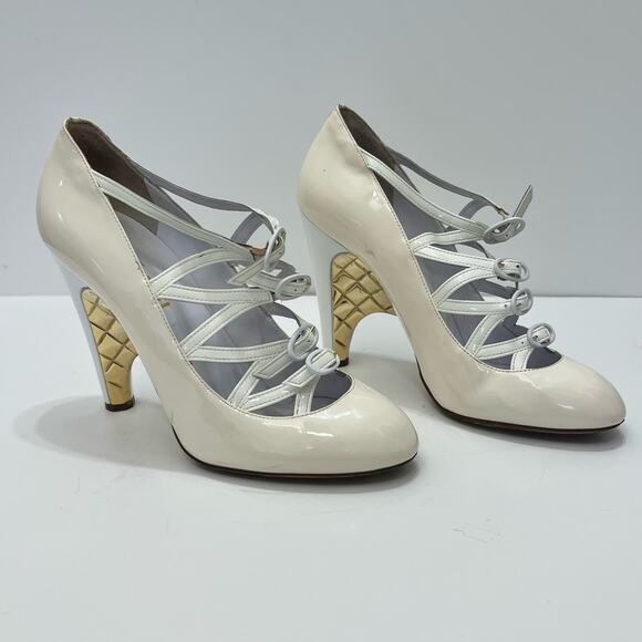 Chanel Buckle Mary Jane Wedge Pumps White Patent Leather Pumps | 39/US 8-8.5 - Picture 2 of 13